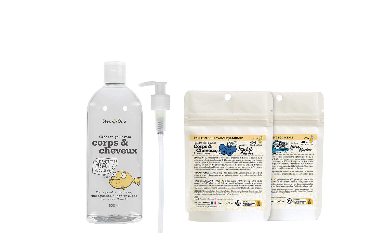 Kit de démarrage zéro déchet avec gel lavant 2 en 1 pour le corps et les cheveux aux parfums de myrtille des bois et brise marine