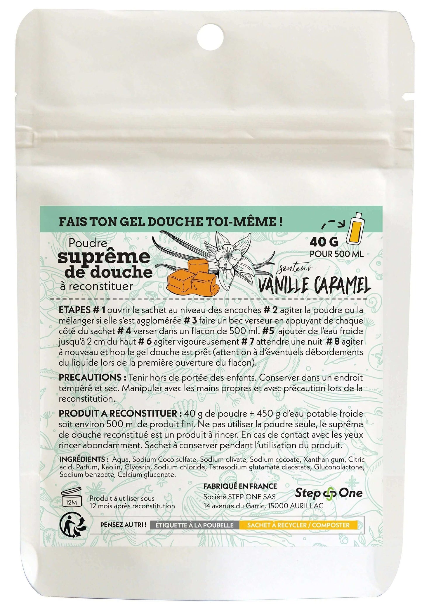 Recharge de trois doses de gel douche Suprême à la vanille et au caramel, concept zéro déchet