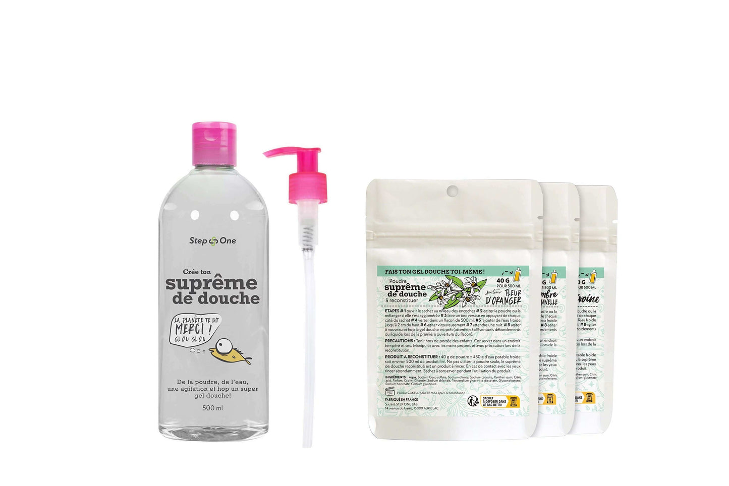 Un kit de démarrage pour l'hiver comprenant du gel douche en poudre dans un emballage zéro déchet