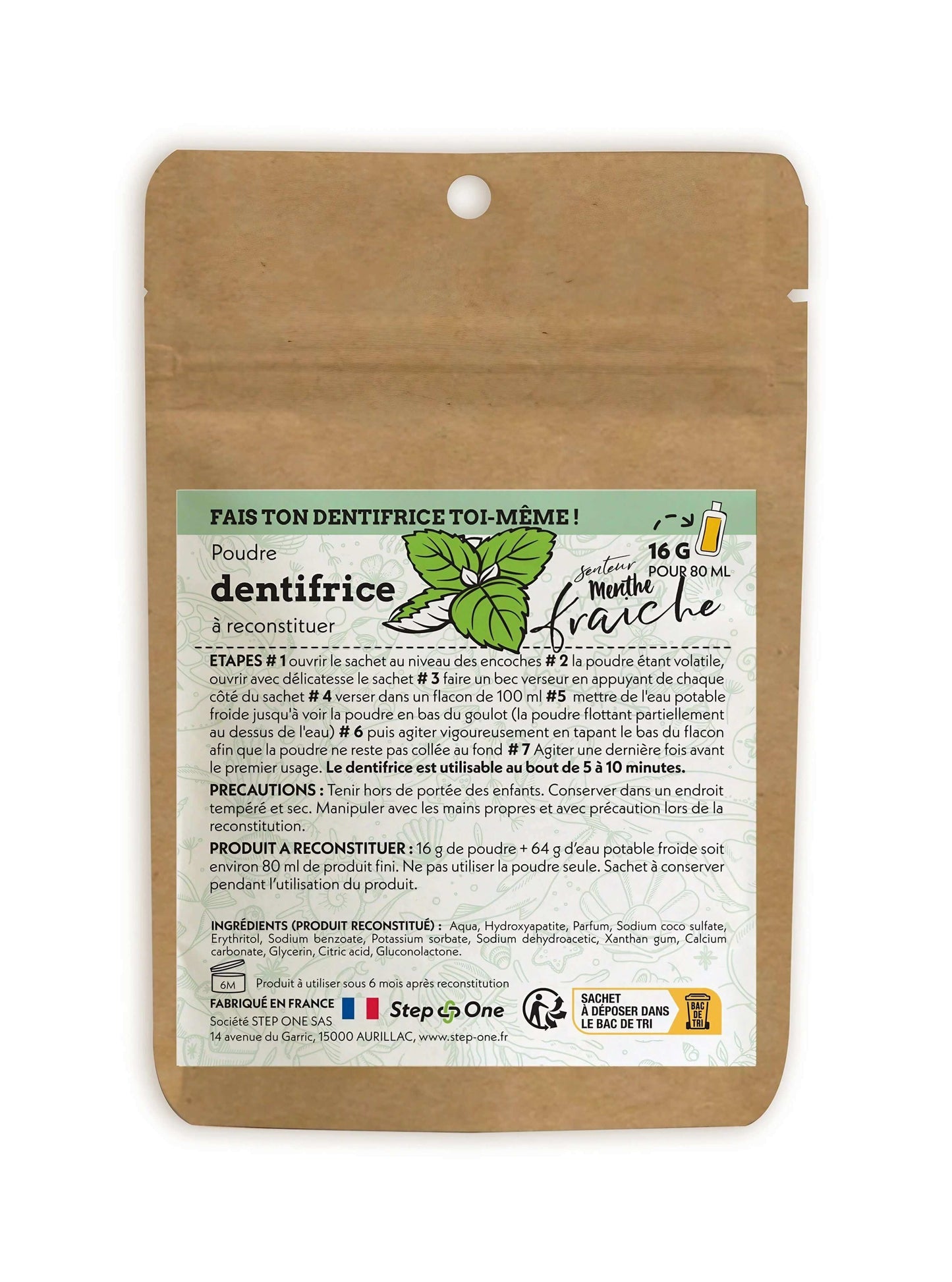 Tube de dentifrice concentré de 16 grammes à reconstituer avec parfum de menthe fraîche