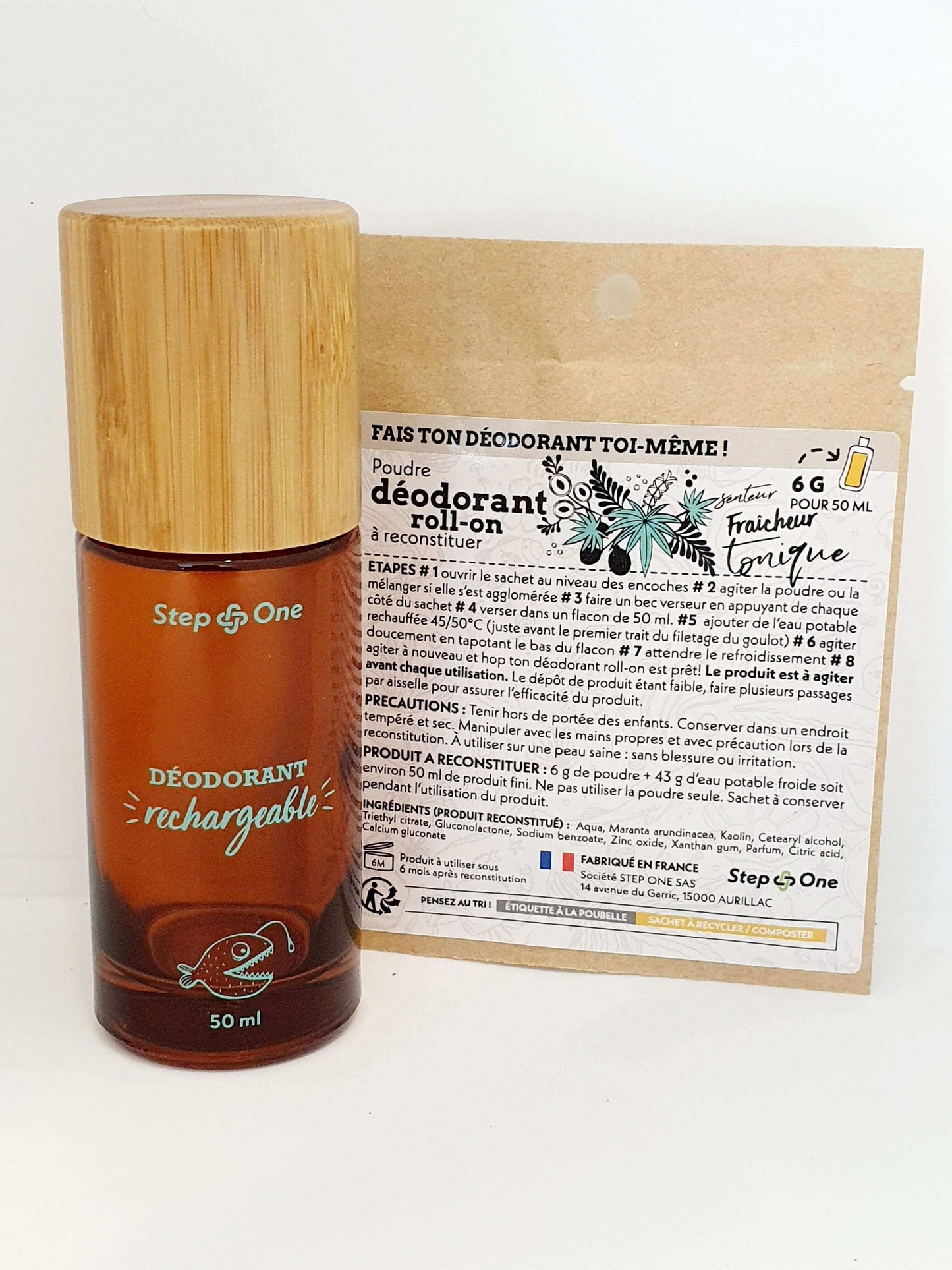 Flacon roll-on en verre de 50 ml pour déodorant Fraicheur Tonique à côté de son emballage