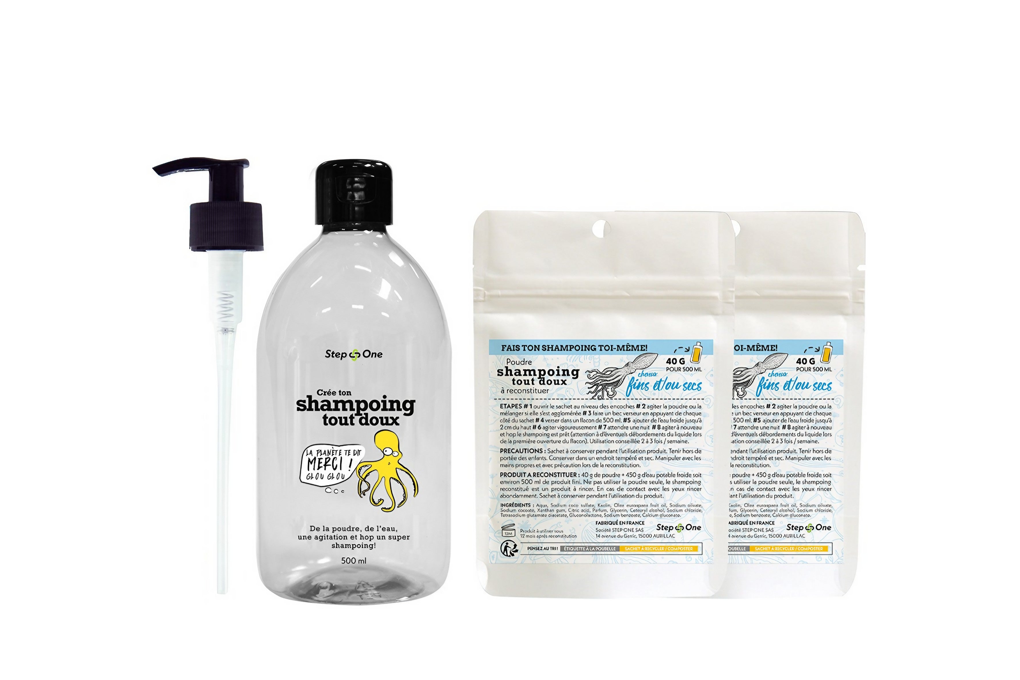 Kit de démarrage pour shampoing solide pour cheveux secs et fins, présenté avec un flacon et deux sachets réutilisables dans un emballage éco-responsable