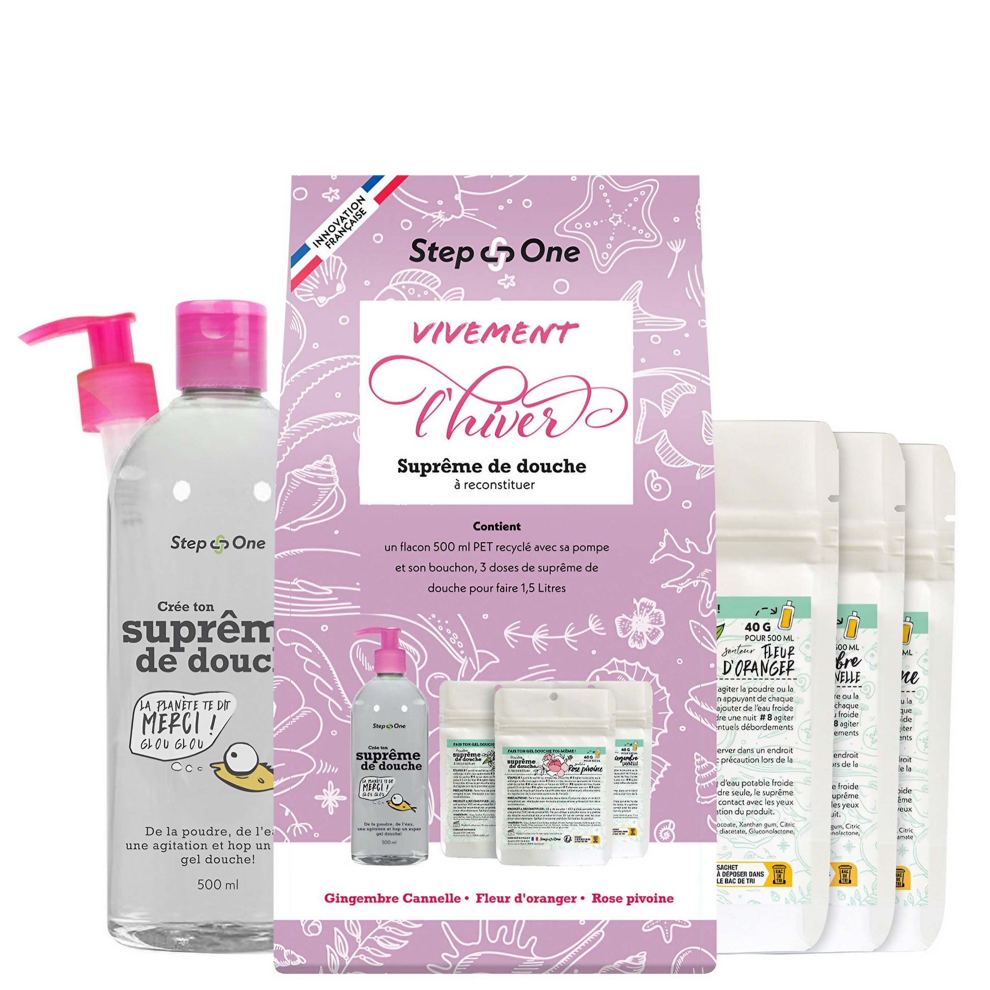 Coffret cadeau "Vivement l'Hiver" avec bougies parfumées Fleur d'oranger, Gingembre Cannelle et Rose Pivoine présenté sur un fond blanc