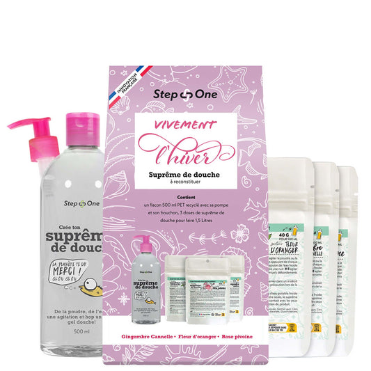 Coffret cadeau "Vivement l'Hiver" avec bougies parfumées Fleur d'oranger, Gingembre Cannelle et Rose Pivoine présenté sur un fond blanc