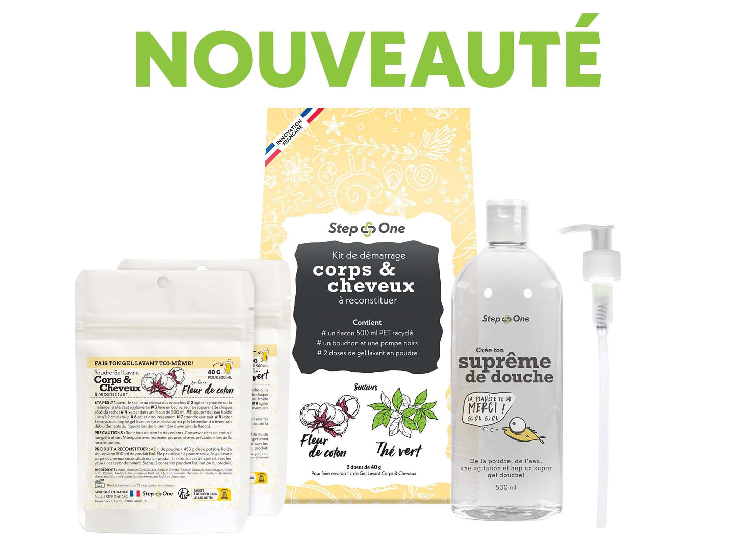 Flacon de gel lavant 2 en 1 pour corps et cheveux sans parfum, conçu pour le zéro déchet