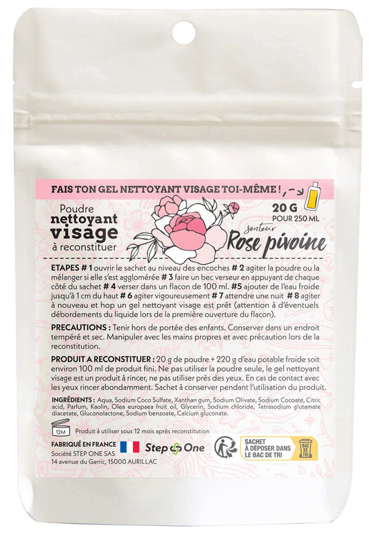 Sachet de recharge avec deux doses de gel nettoyant visage à la rose et pivoine de 20g chacune, conçu pour une démarche zéro déchet