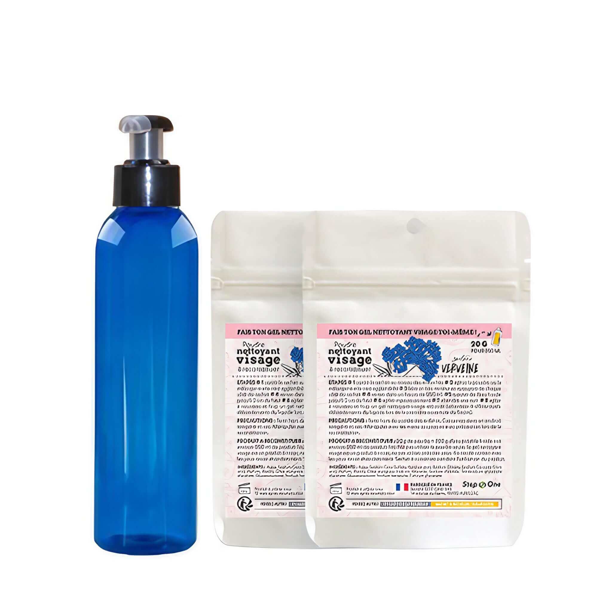 Kit de démarrage pour nettoyage du visage avec gel nettoyant parfumé à la Verveine, présenté dans un emballage éco-responsable