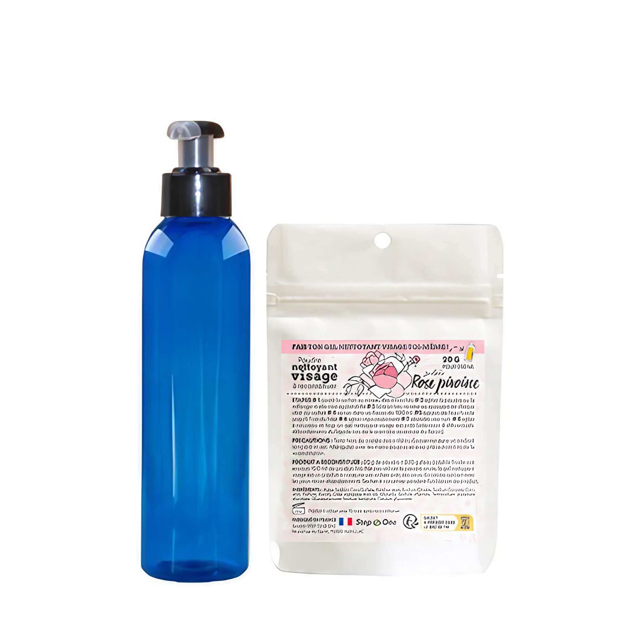 Un kit de démarrage pour nettoyant visage gel avec une senteur de rose et pivoine, présenté comme une option zéro déchet
