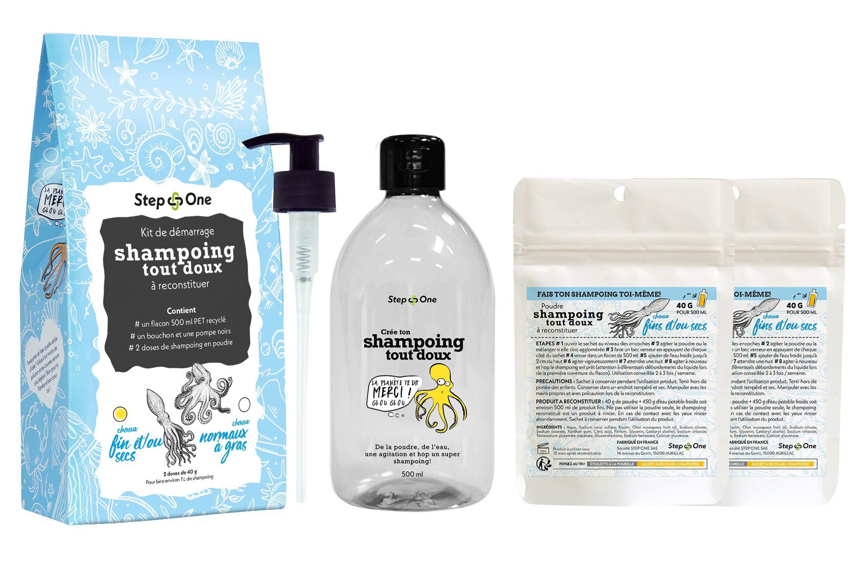 Kit de démarrage pour shampoing bio adapté aux cheveux secs et fins, présentant une démarche zéro déchet et écologique
