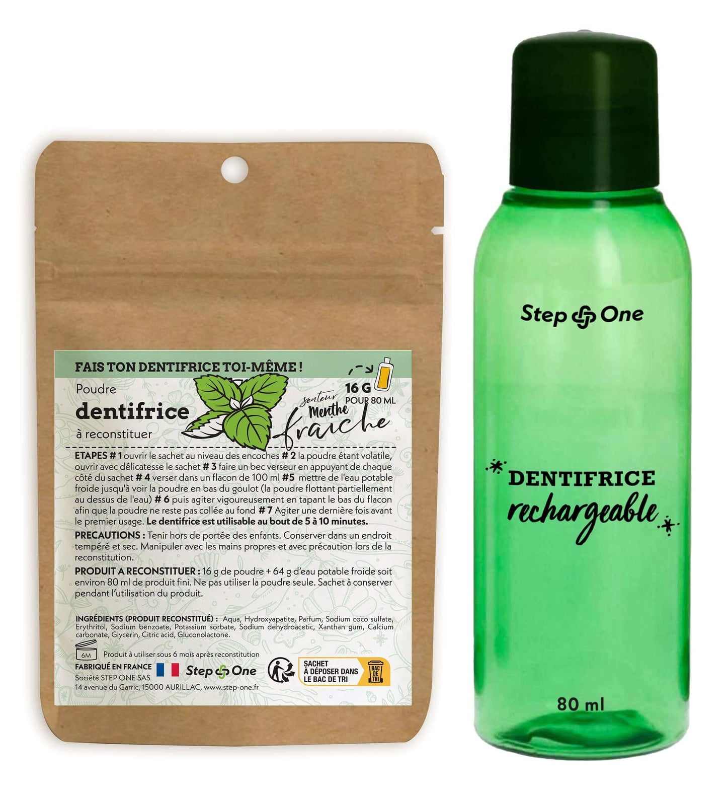 Un kit de démarrage pour dentifrice à reconstituer avec une bouteille verte et un sachet, parfum de menthe fraîche