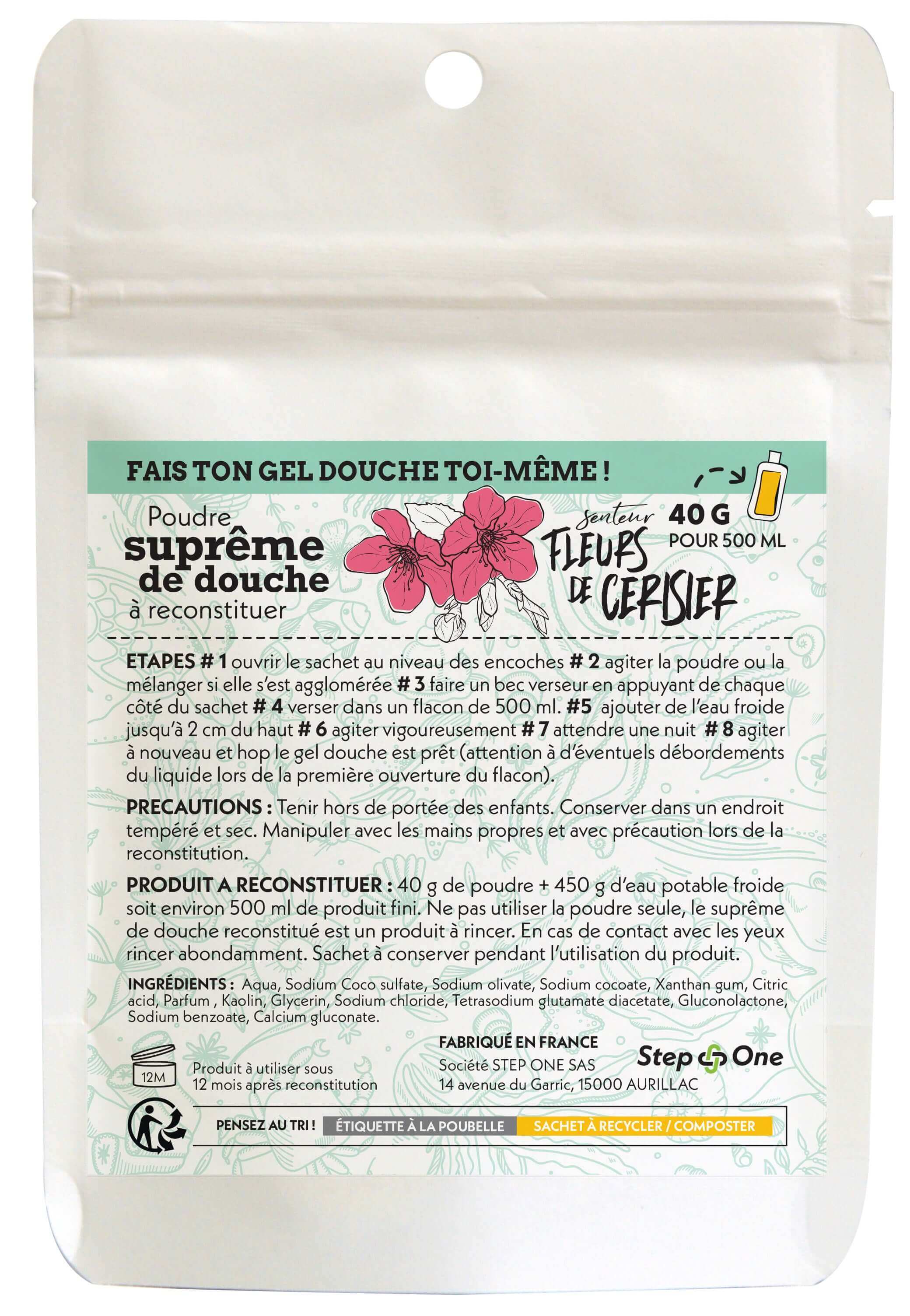Trois doses de recharge pour douche Suprême aux fleurs de cerisier présentées dans un emballage éco-responsable zéro déchet