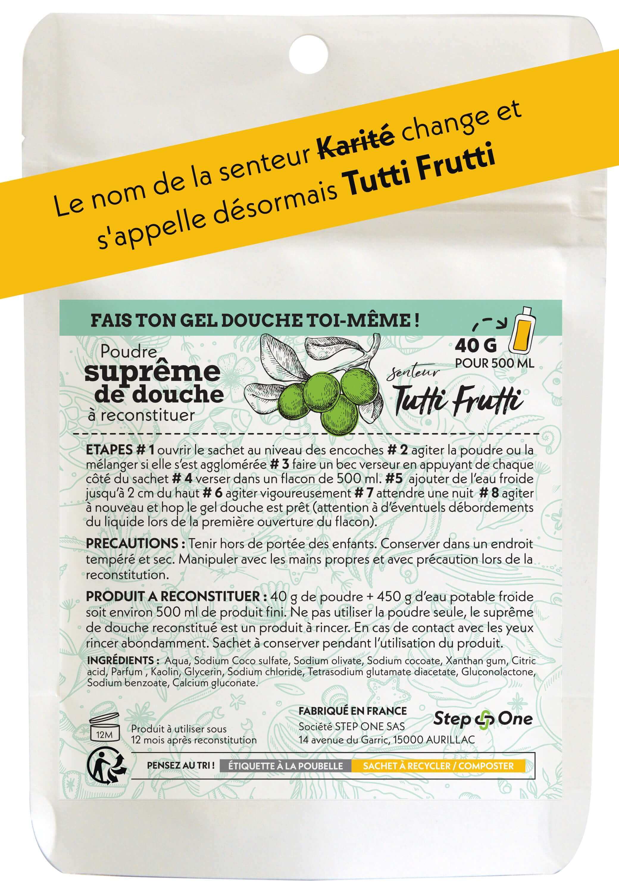 Un emballage de recharge de douche Suprême Tutti frutti avec étiquette